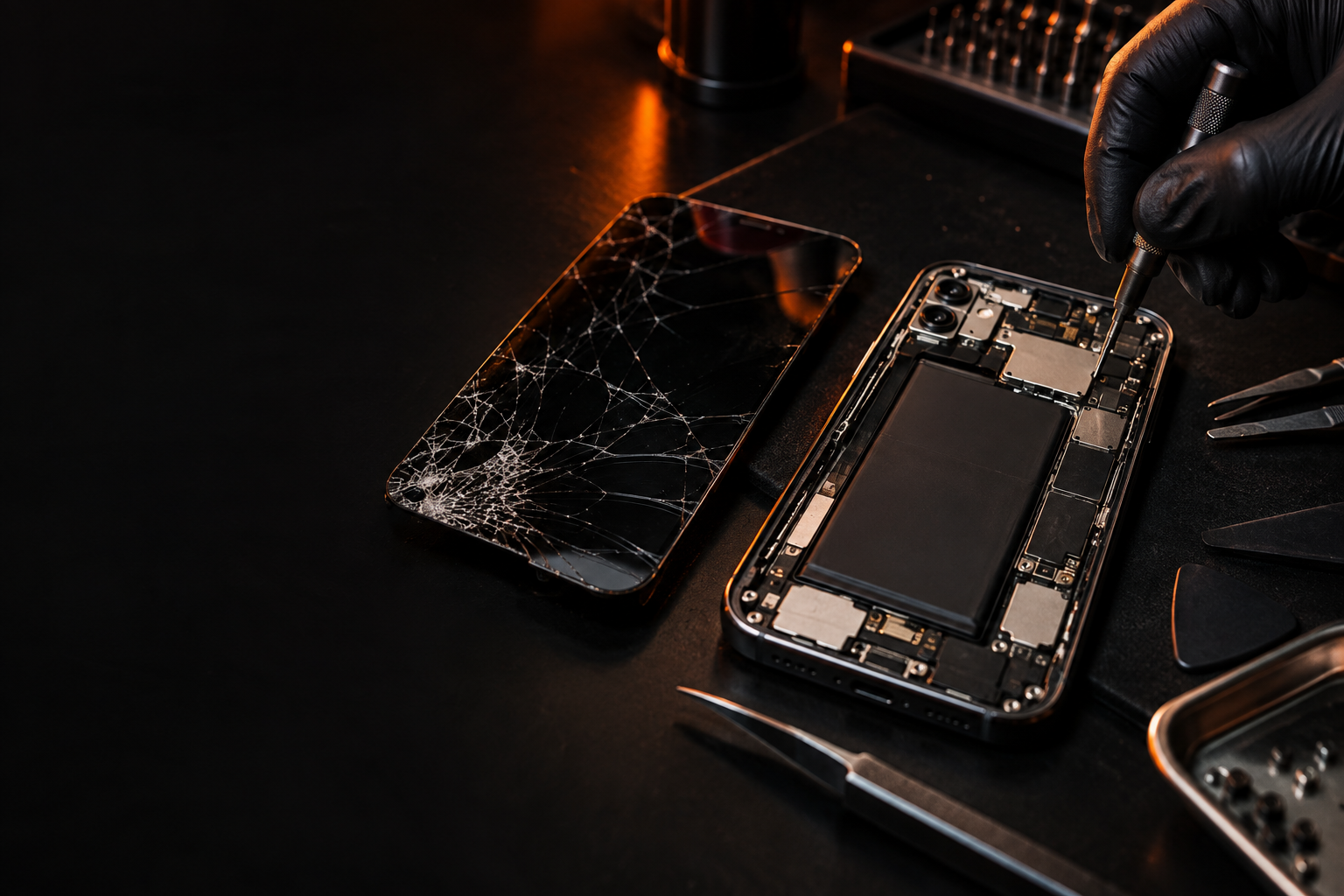 Cracked phone opened on a repair bench beside precision tools