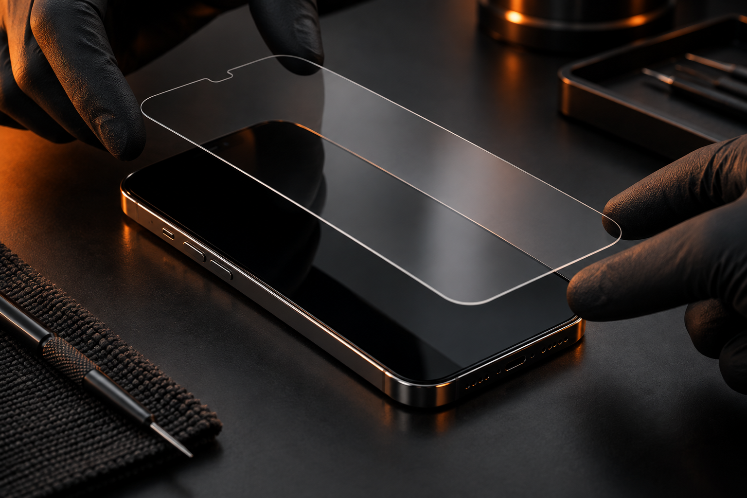 Concept image of a clear screen protector being aligned over a smartphone